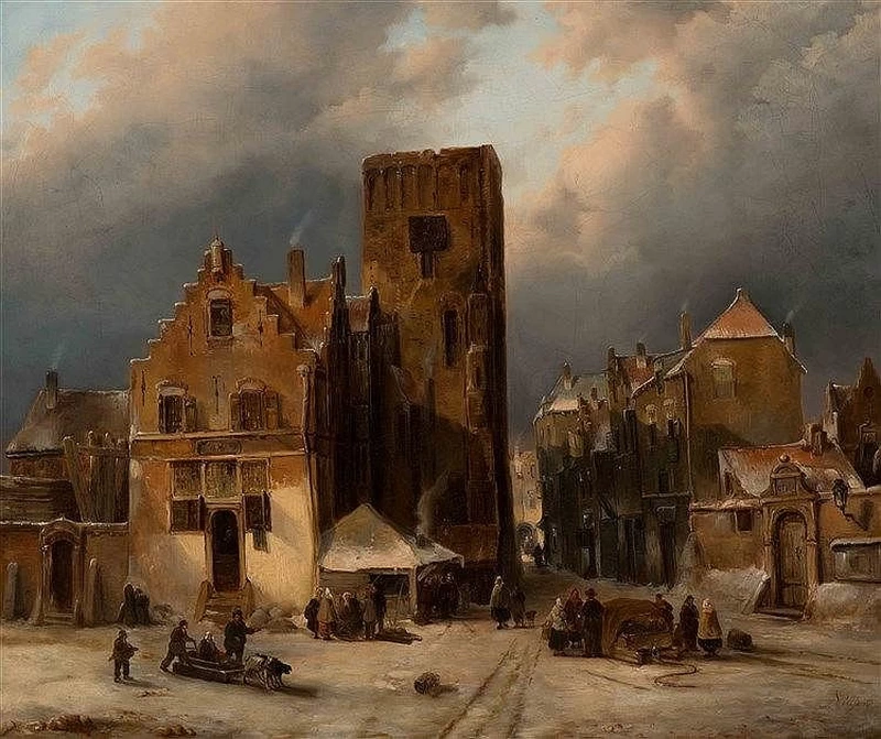 Piazza della chiesa innevata con figure
